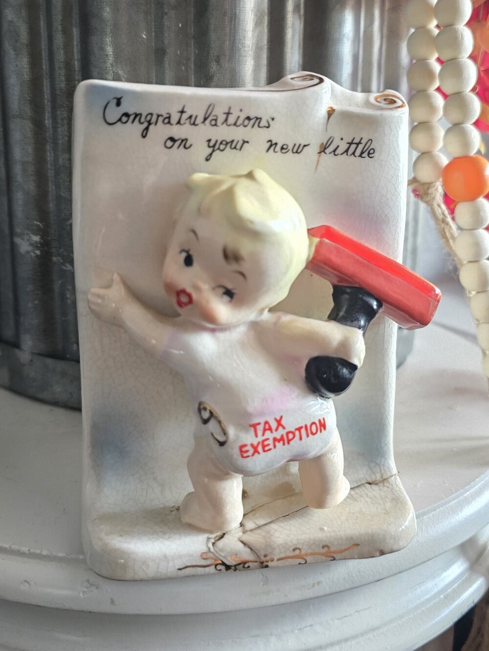 Vintage Ceramic Baby Figurine - White with Red Accent